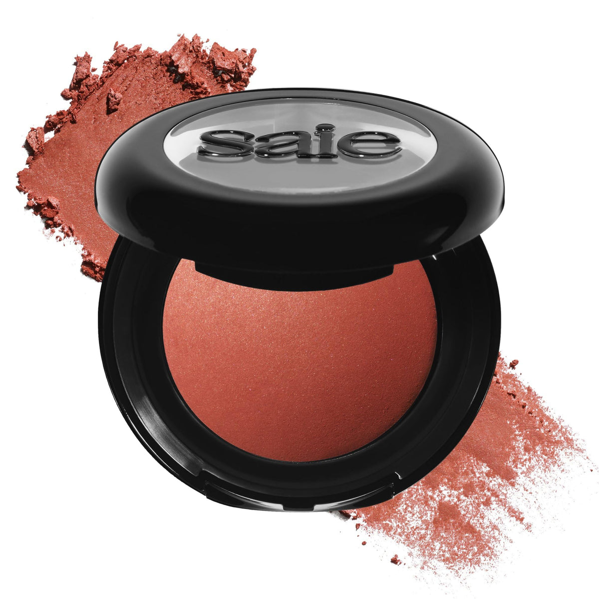 Saie SuperSuede compact front view showing shade Ciao and sleek packaging benefit: clear shade selection