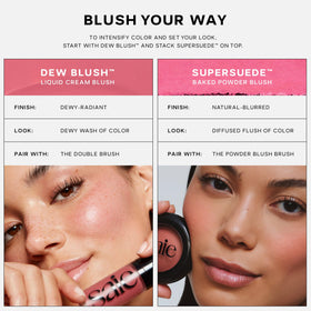 Saie SuperSuede ingredients callout showing hyaluronic acid glycerin and squalane
