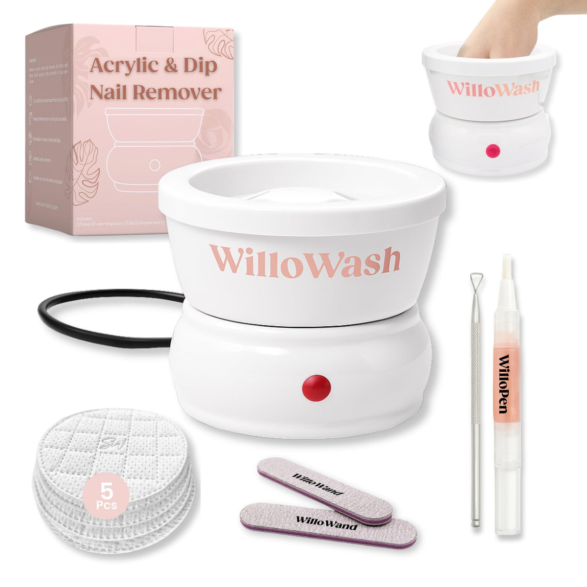 Saint Willo Willowash front view showing compact heated soaking bowl and lid for tidy removals