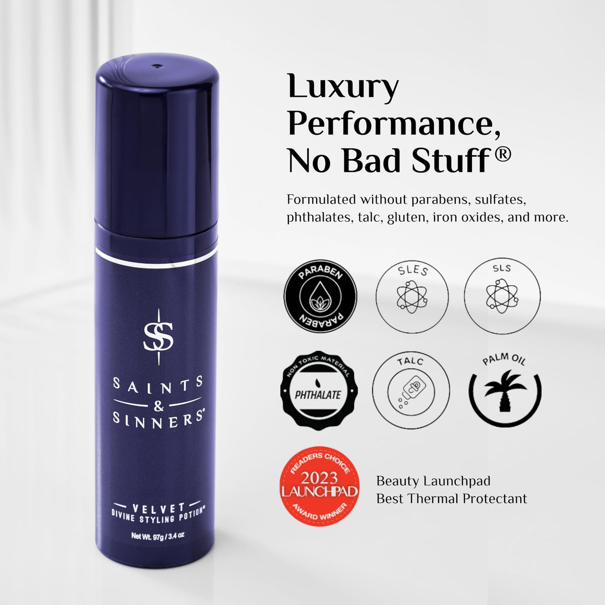 Saints & Sinners label close-up showing ingredient claims and safety benefit