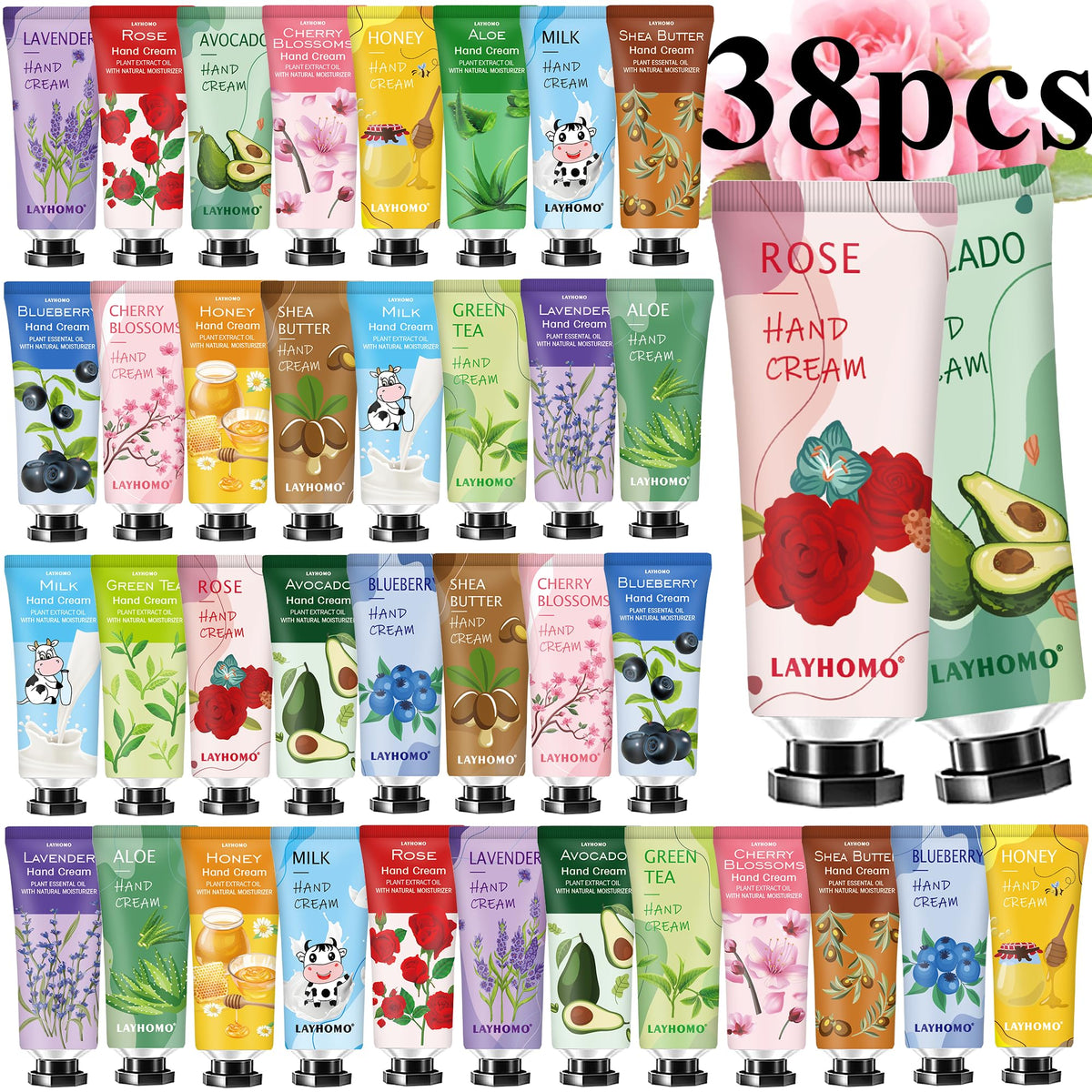 Sakose front packaging display showing assorted mini hand cream tubes and benefits