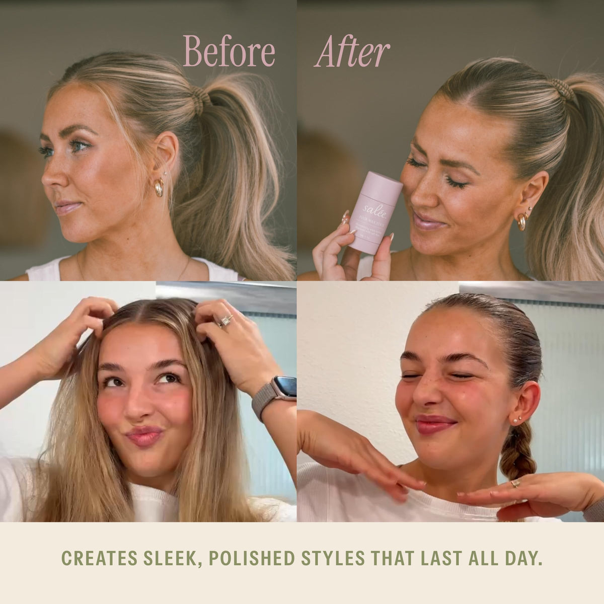 SALEE. wax used on hairline showing flyaway control and polished finish