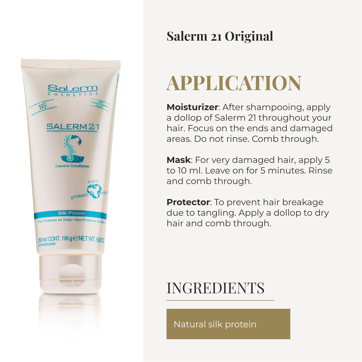 SALERM applying to damp hair mid-lengths, detangling and smoothing benefit
