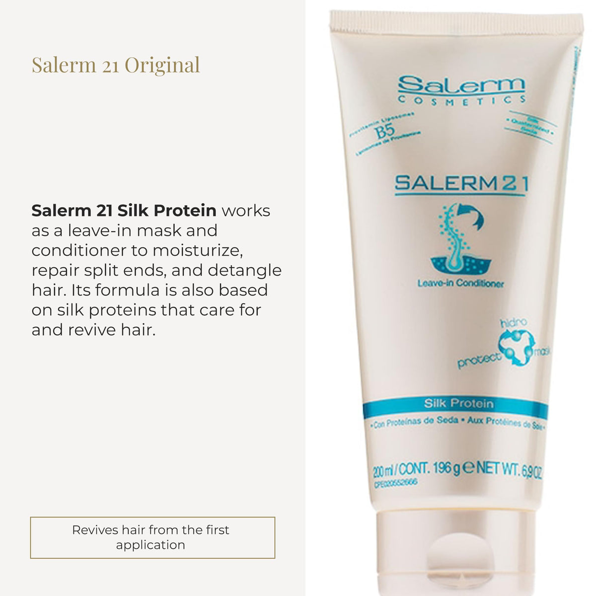 SALERM conditioner texture being poured, silk-protein formula visible for hydration benefit