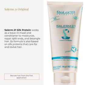 SALERM conditioner texture being poured, silk-protein formula visible for hydration benefit