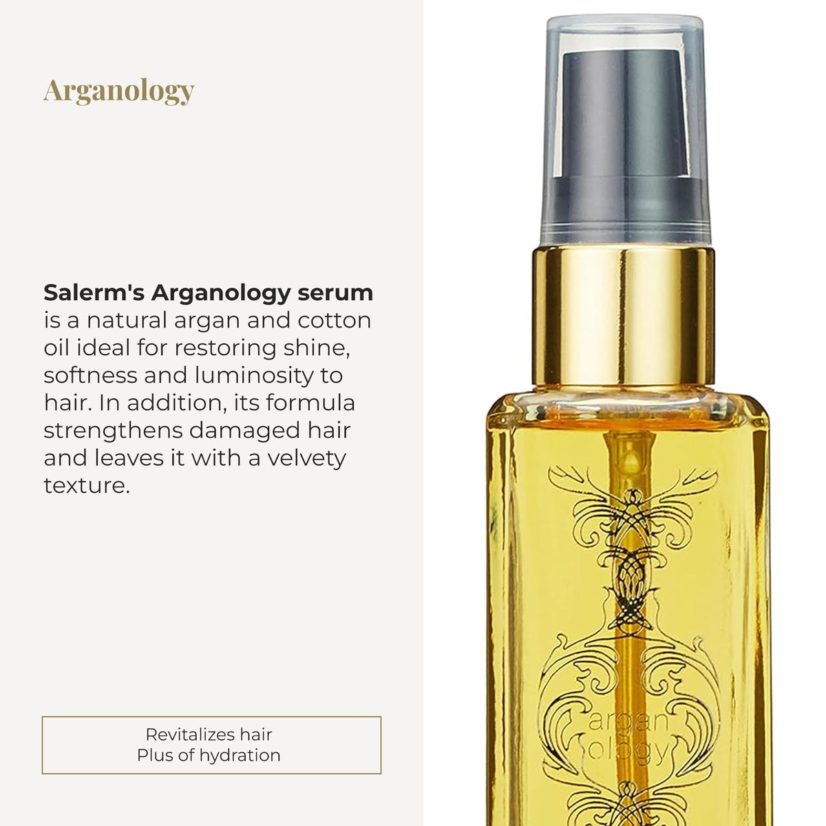 SALERM Arganology pump detail dispensing serum, highlights controlled application