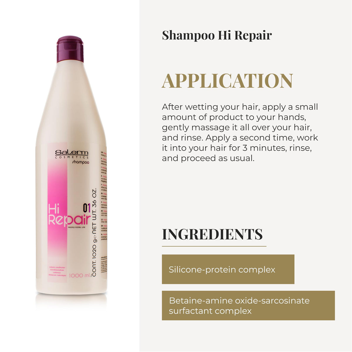 SALERM Hi Repair shampoo bottle next to hand for scale and large 1000 ml benefit