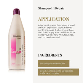 SALERM Hi Repair shampoo bottle next to hand for scale and large 1000 ml benefit