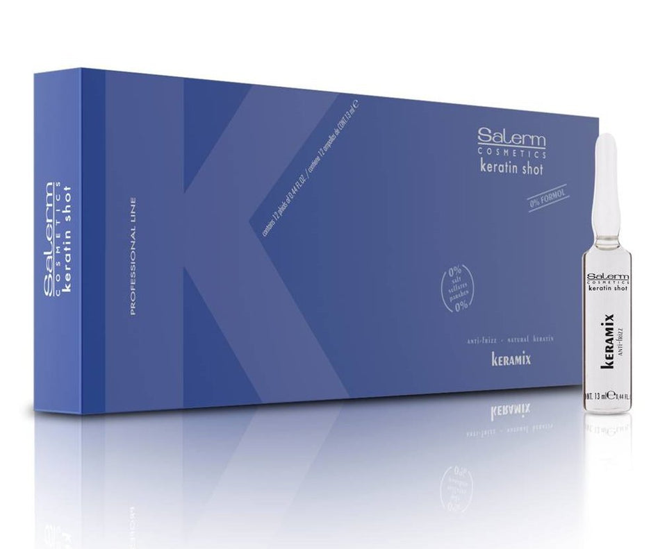 SALERM Keramix ampoule front packaging showing product and salon-ready results