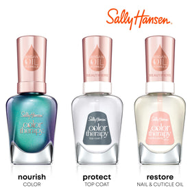 Sally Hansen bottle next to a coin showing scale and compact travel benefit
