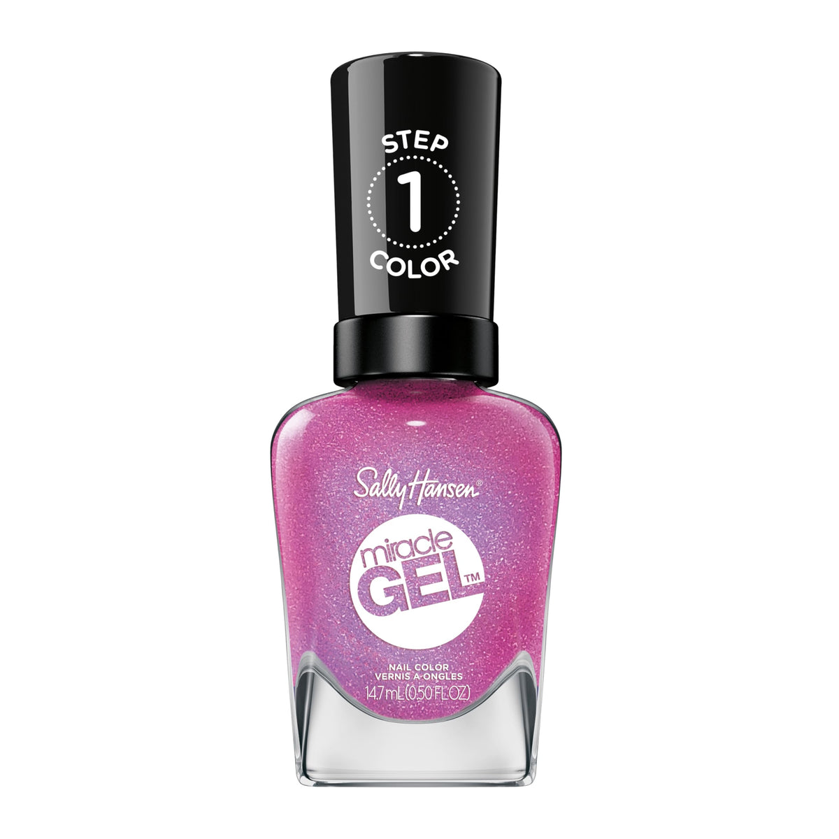 Sally Hansen bottle front view showing vibrant fuchsia color and gloss benefit