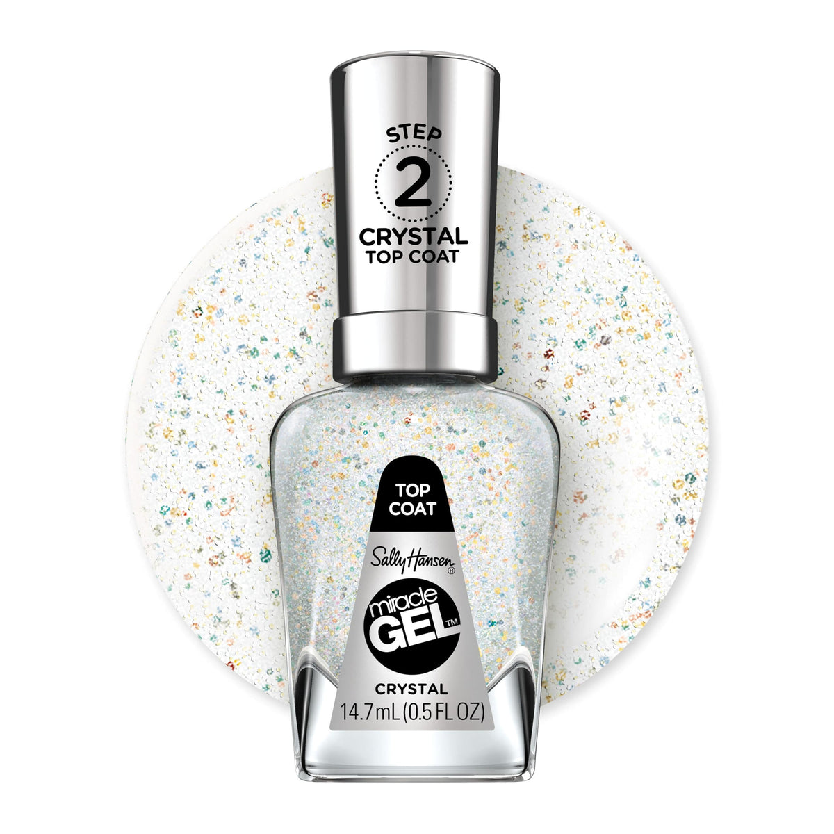 Sally Hansen bottle front view showing clear crystal top coat for durable finish