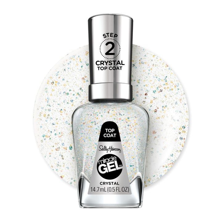 Sally Hansen bottle front view showing clear crystal top coat for durable finish
