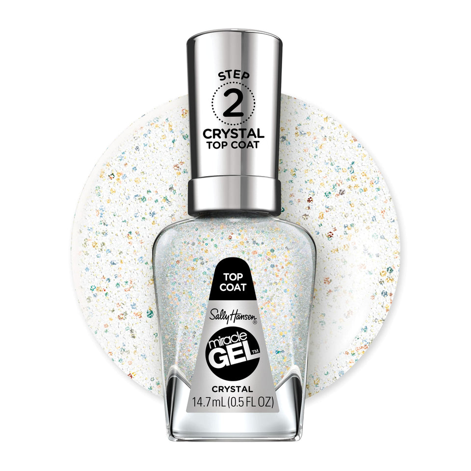 Sally Hansen bottle front view showing clear crystal top coat for durable finish