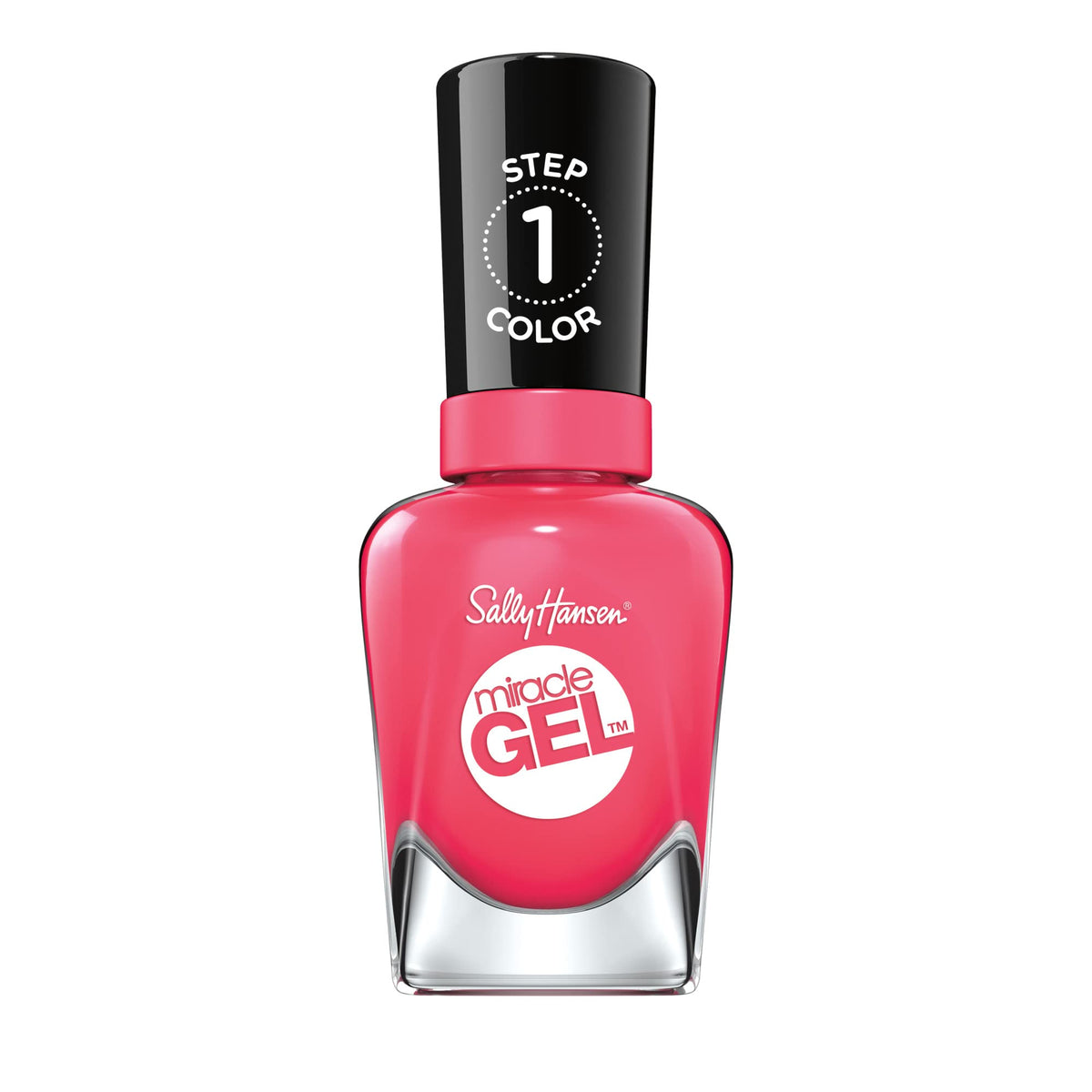 Sally Hansen bottle front view showing electric pop hot-pink shade and glossy finish