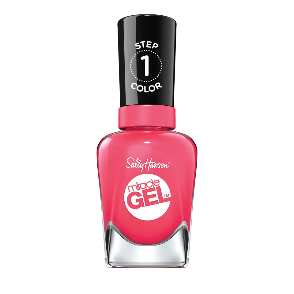 Sally Hansen bottle front view showing electric pop hot-pink shade and glossy finish