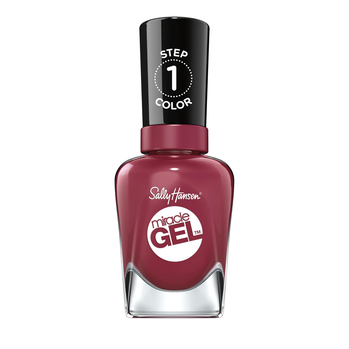 Sally Hansen front packaging showing berry-red bottle and glossy finish benefit