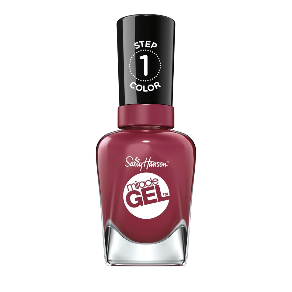 Sally Hansen front packaging showing berry-red bottle and glossy finish benefit