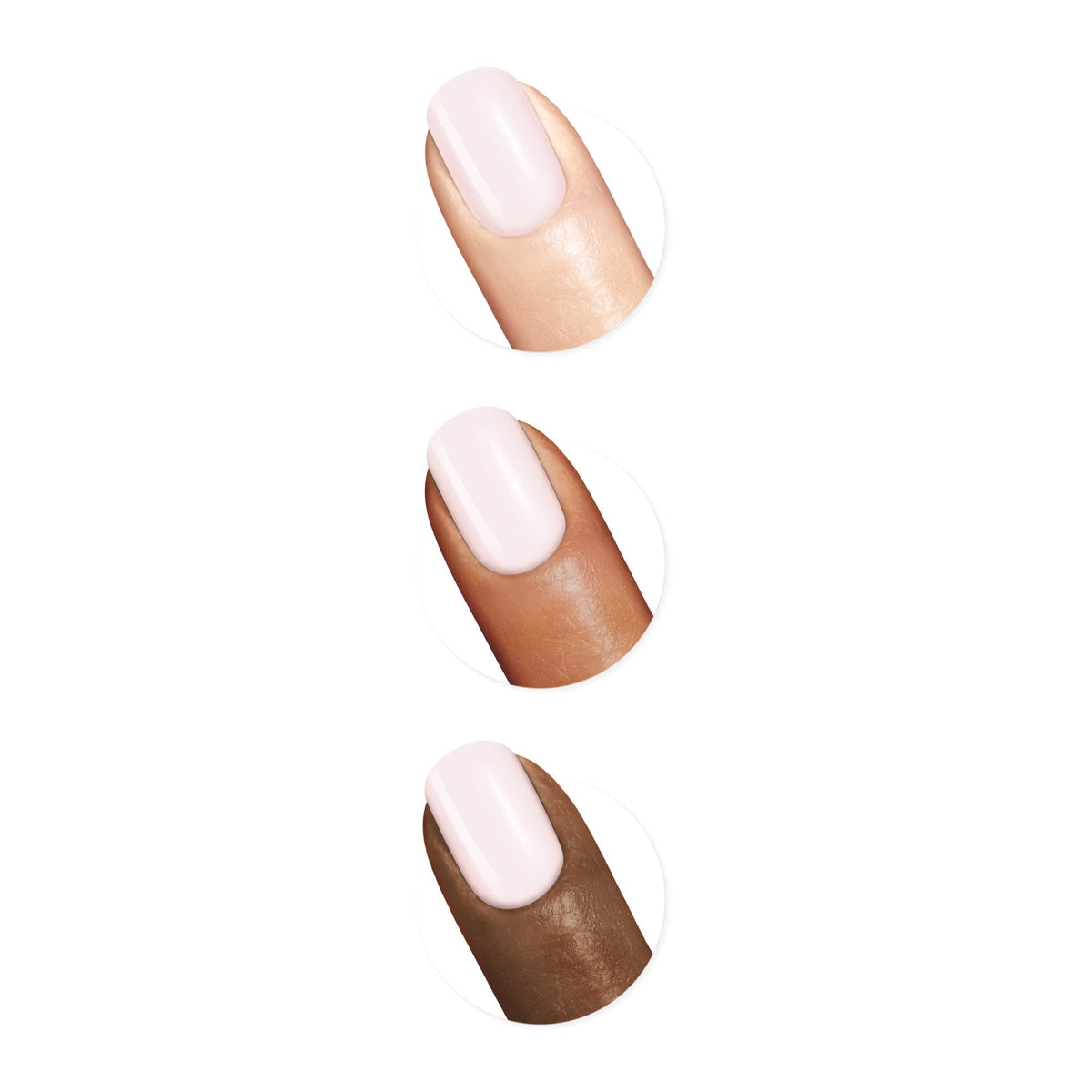 Sally Hansen nail swatch on tip displaying sheer baby pink glossy finish