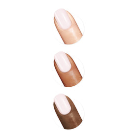 Sally Hansen nail swatch on tip displaying sheer baby pink glossy finish