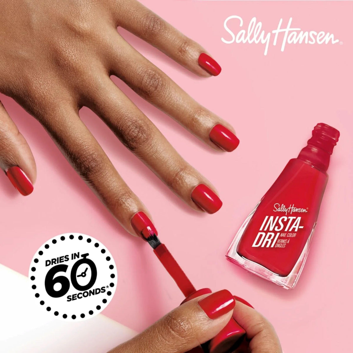 Sally Hansen swatch on hand displays opaque cocoa brown and quick-dry benefit