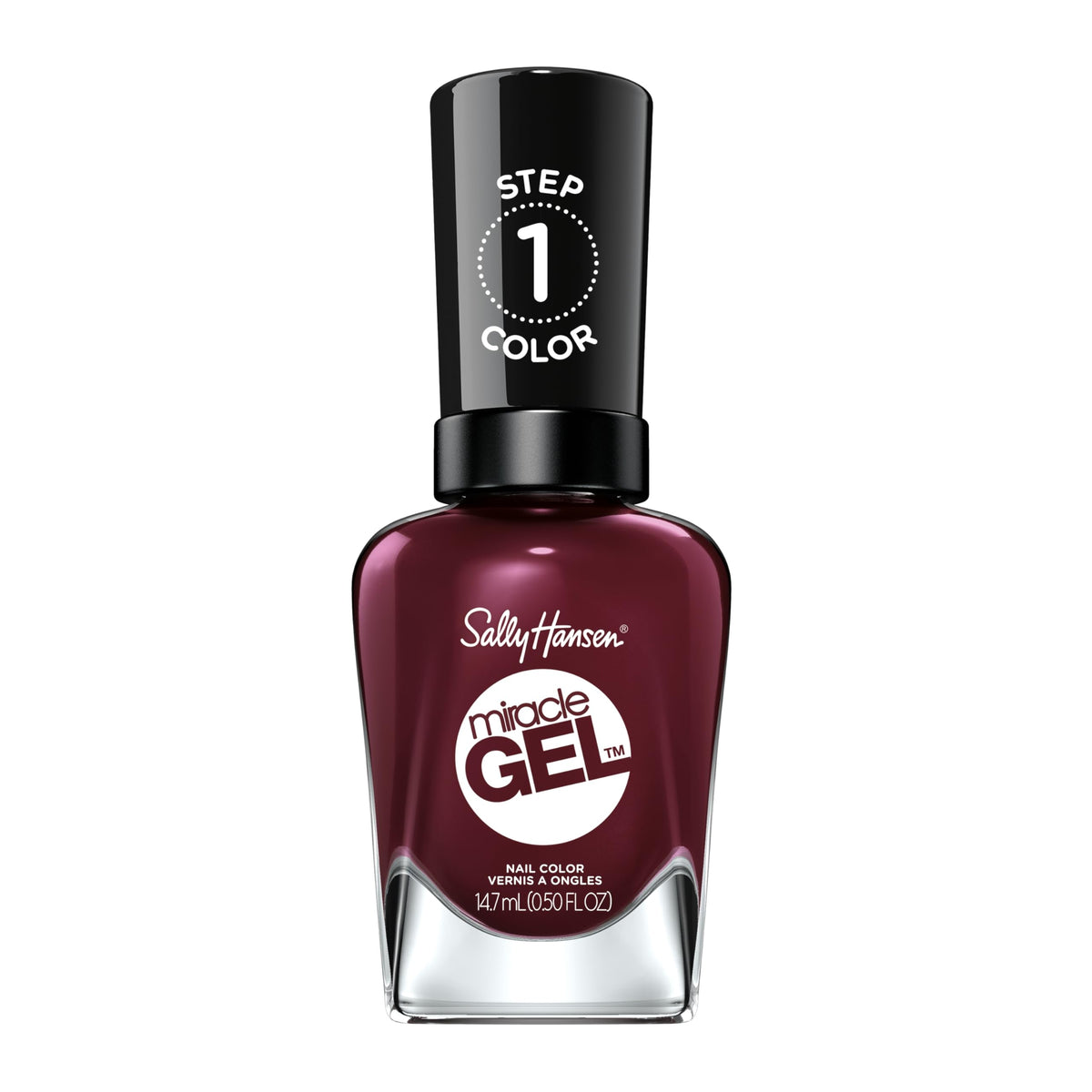 Sally Hansen bottle front view showing wine-red polish and glossy benefit