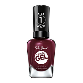 Sally Hansen bottle front view showing wine-red polish and glossy benefit