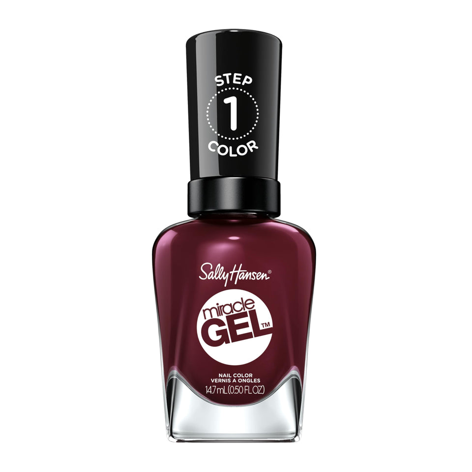Sally Hansen bottle front view showing wine-red polish and glossy benefit