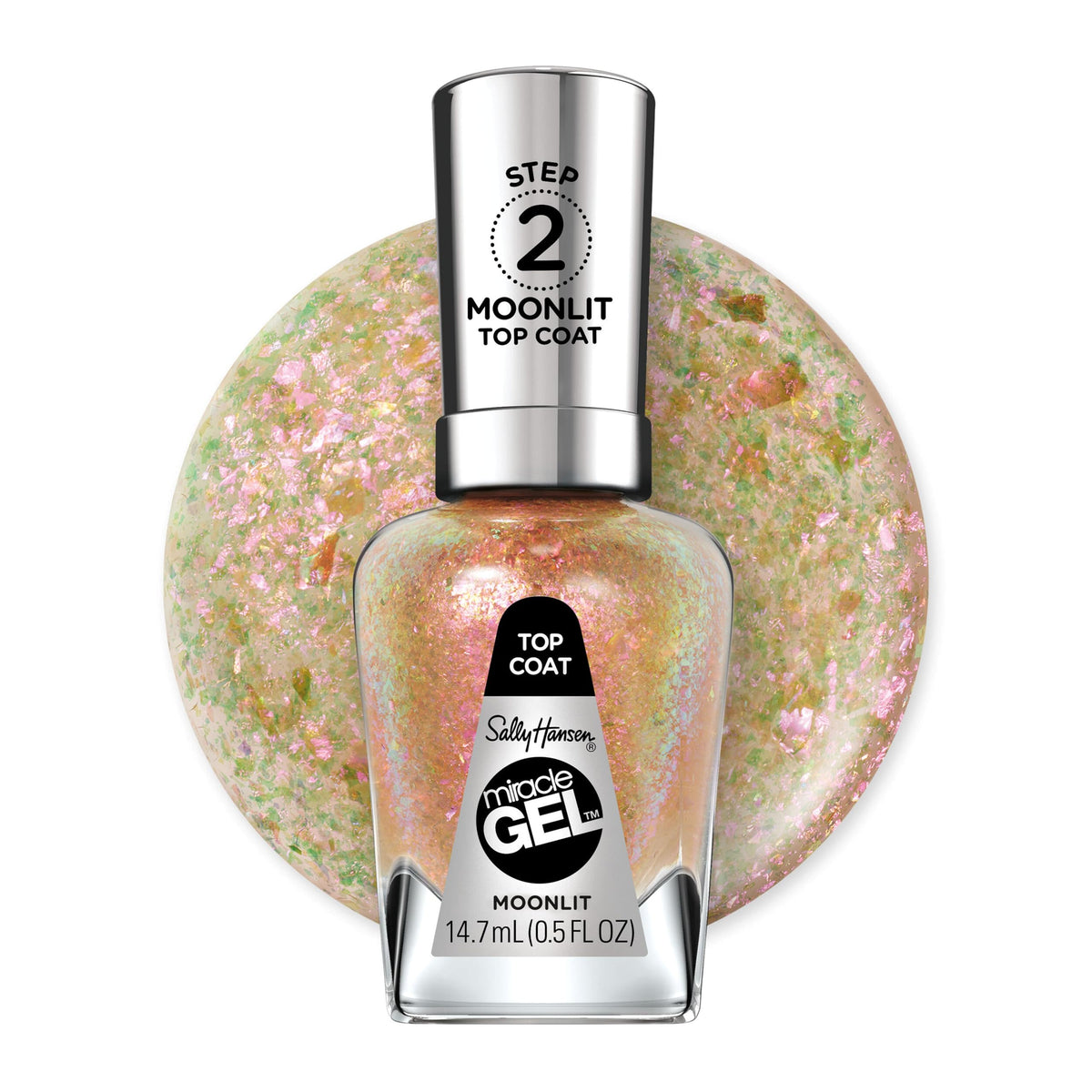 Sally Hansen Moonlit Top Coat bottle front view showing clear iridescent finish