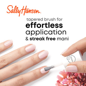 Sally Hansen bottle beside coin showing size and travel-friendly benefit