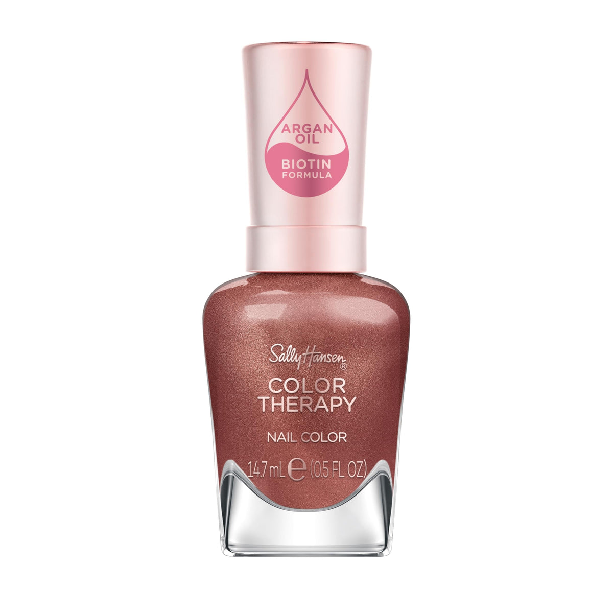 Sally Hansen bottle front view showing chestnut brown shade and glossy finish benefit