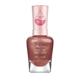 Sally Hansen bottle front view showing chestnut brown shade and glossy finish benefit