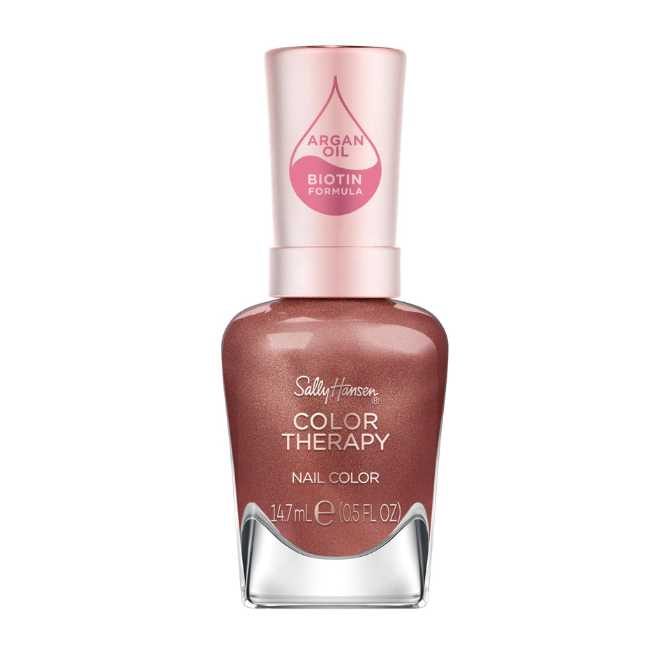 Sally Hansen bottle front view showing chestnut brown shade and glossy finish benefit