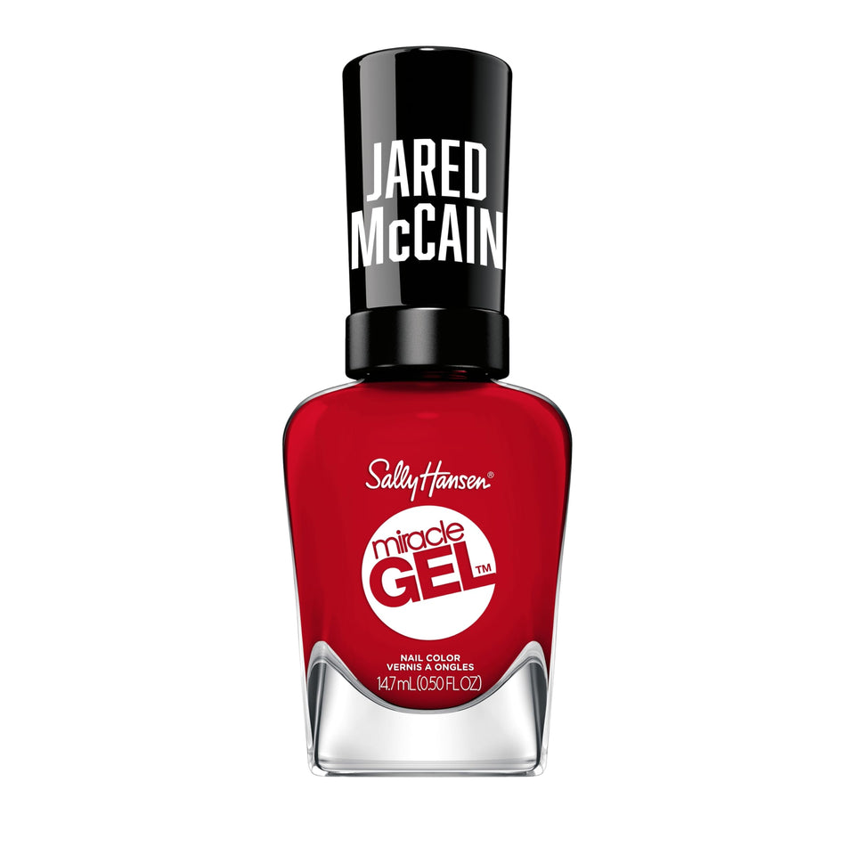Sally Hansen bottle front showing Rookie Red vivid color and sleek label benefit