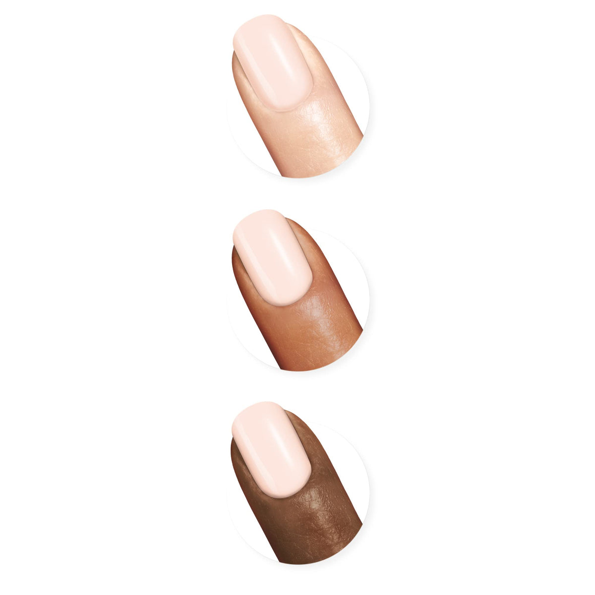Sally Hansen swatch on fingernails demonstrating natural translucent pale-pink look