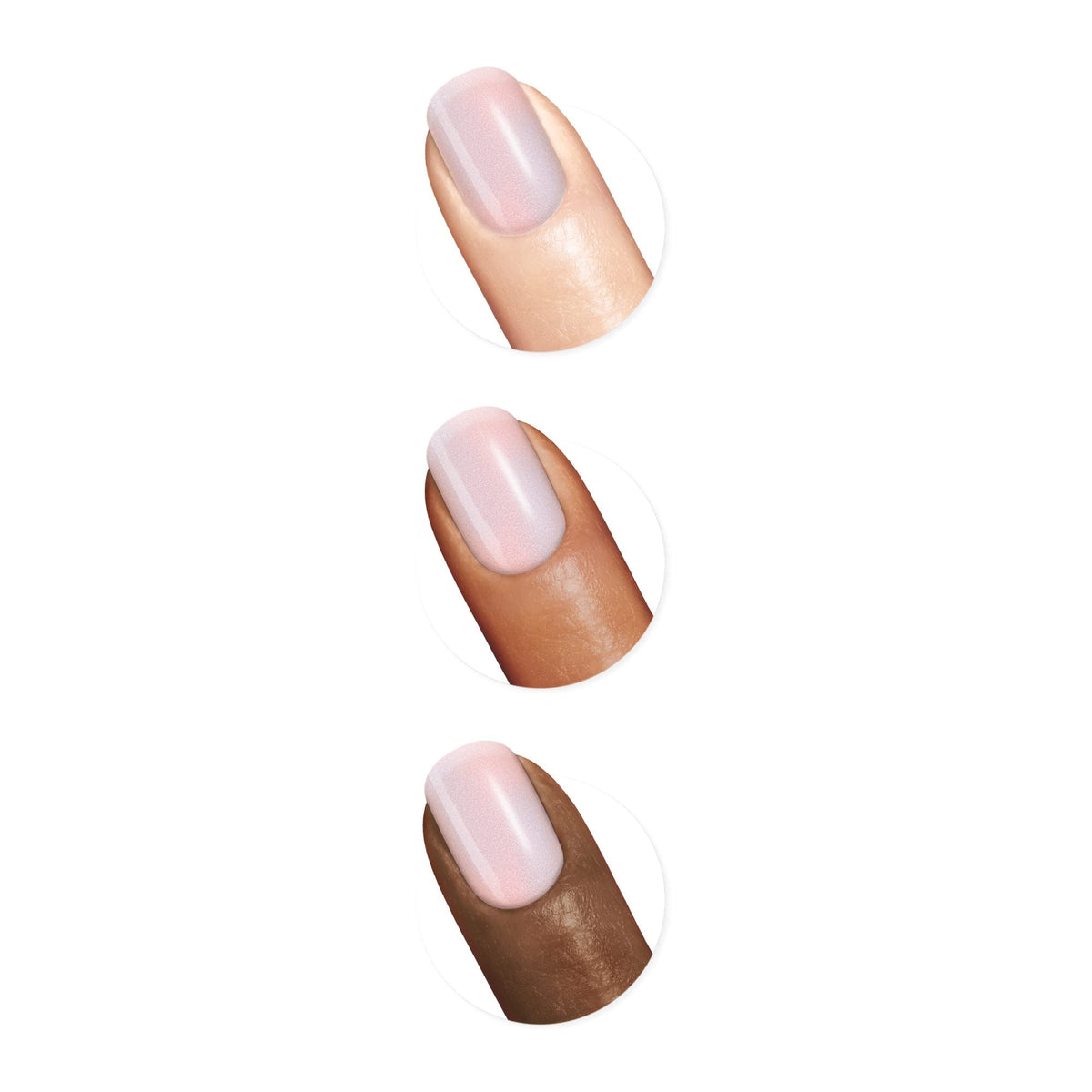 Sally Hansen swatch on nail tip displaying buildable iridescent pink color