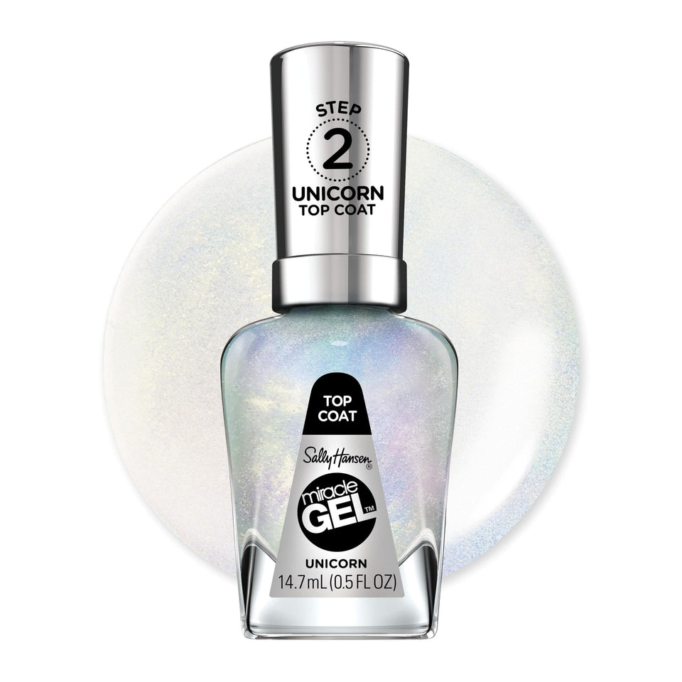 Sally Hansen Unicorn Top Coat bottle front view showing glitter finish benefit