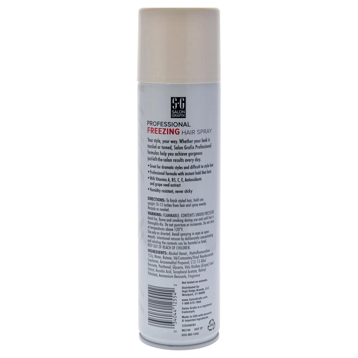 Salon Grafix hairspray being misted on styled hair, fast-dry hold benefit
