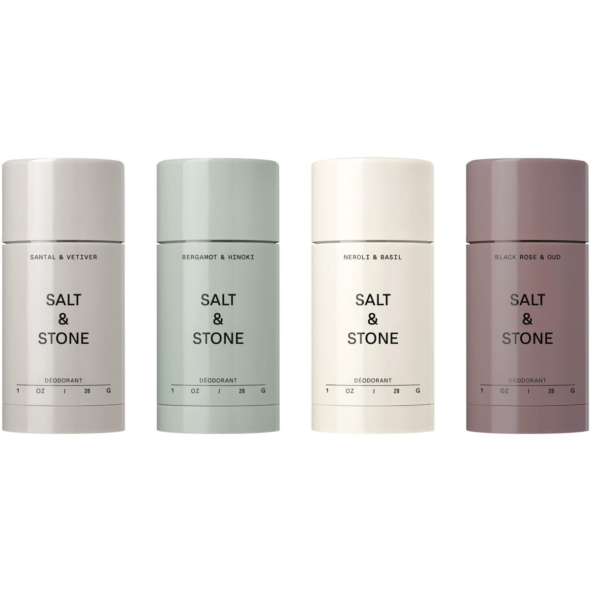 Salt & Stone front packaging showing four mini deodorants and benefits