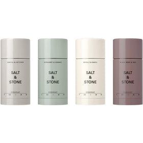 Salt & Stone front packaging showing four mini deodorants and benefits
