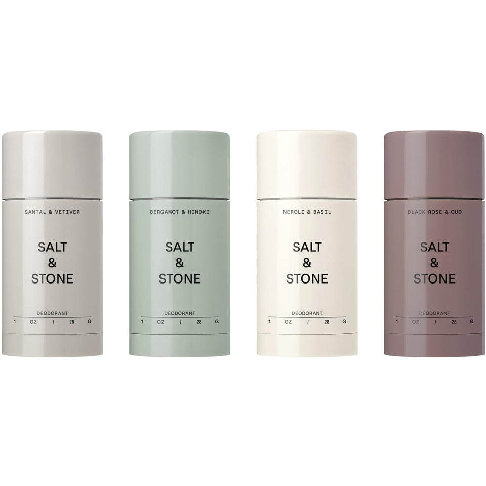 Salt & Stone front packaging showing four mini deodorants and benefits