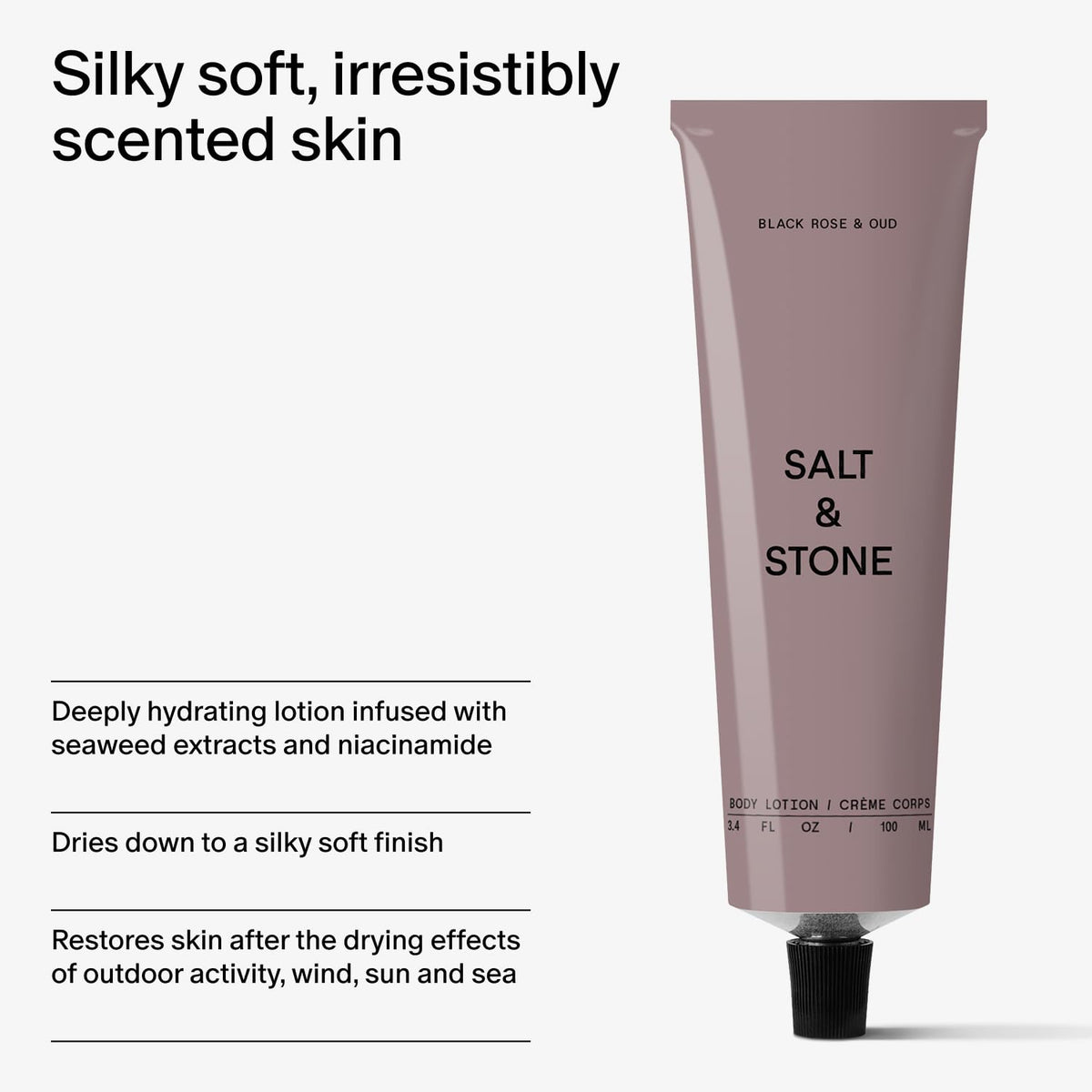 Salt & Stone ingredients display with seaweed and natural extracts benefit