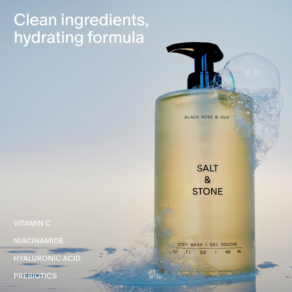 Salt & Stone label close-up highlighting ingredients and clean-beauty benefit