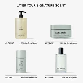 Salt & Stone jar on bathroom vanity with towel, presents everyday lifestyle use