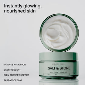 Salt & Stone open jar showing smooth cream texture, highlights quick absorption