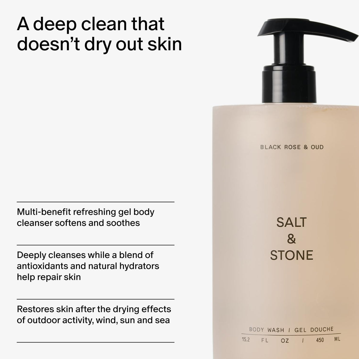 Salt & Stone bottle on shower shelf illustrating daily use convenience