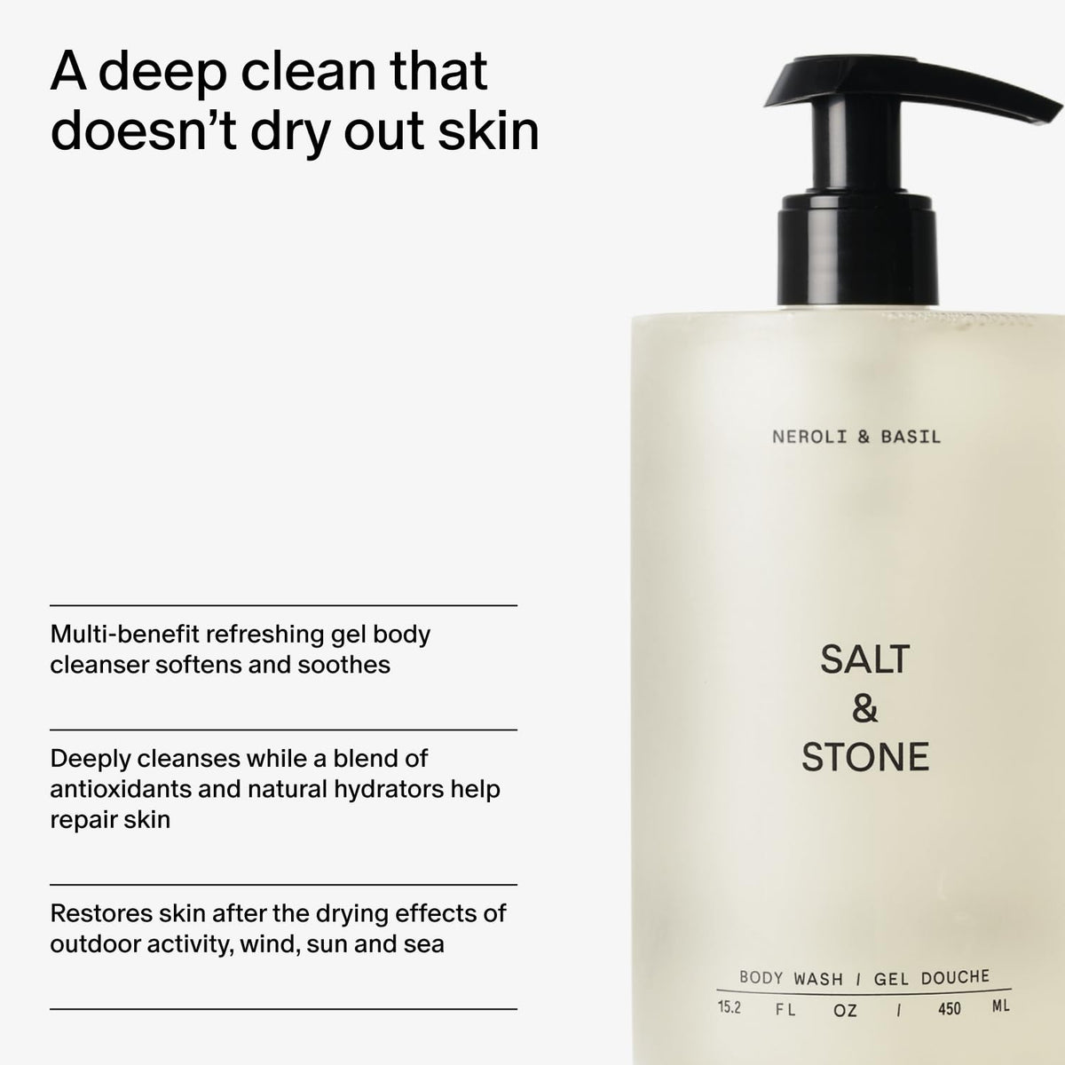 Salt & Stone 32 fl oz refill beside a hand for scale and convenience