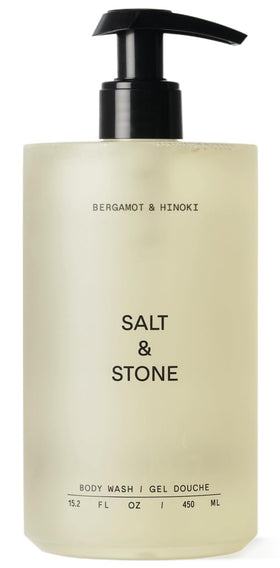 Salt & Stone front bottle showing bergamot and hinoki scent and clean design benefit
