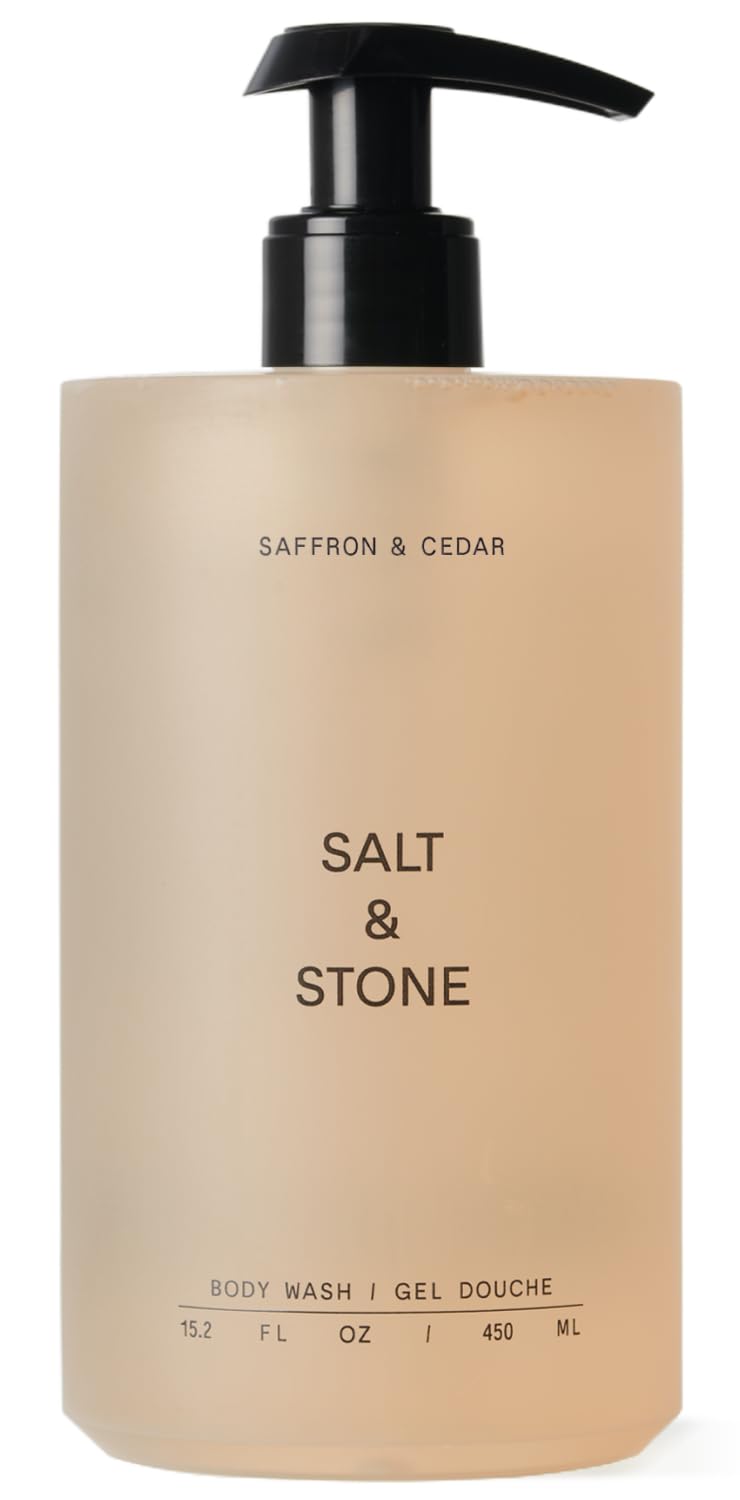 Salt & Stone front bottle showing saffron and cedar scent and benefits