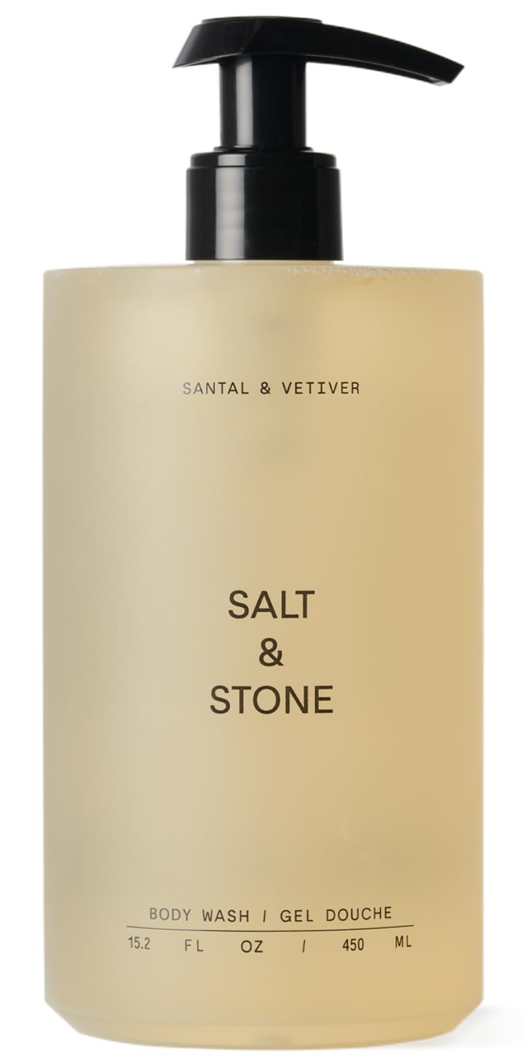 Salt & Stone front bottle showing Santal & Vetiver scent and benefit of hydrating cleanse